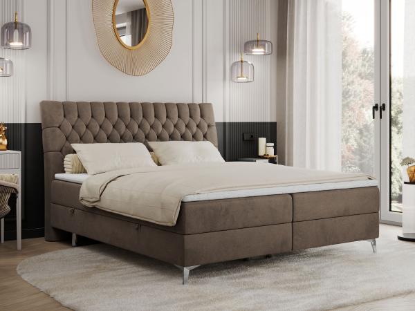 Boxspringbett mit 2 Bettkästen Matratze und Topper - MILEN - 140x200cm - Braun Velours - H3