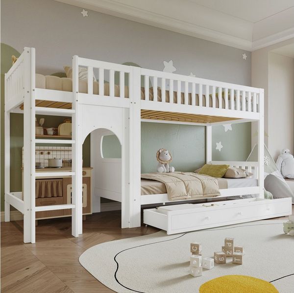 Flieks Etagenbett, Kinderbett 90x200 cm mit privatem Raum, Schublade, vierstufiger Leiter