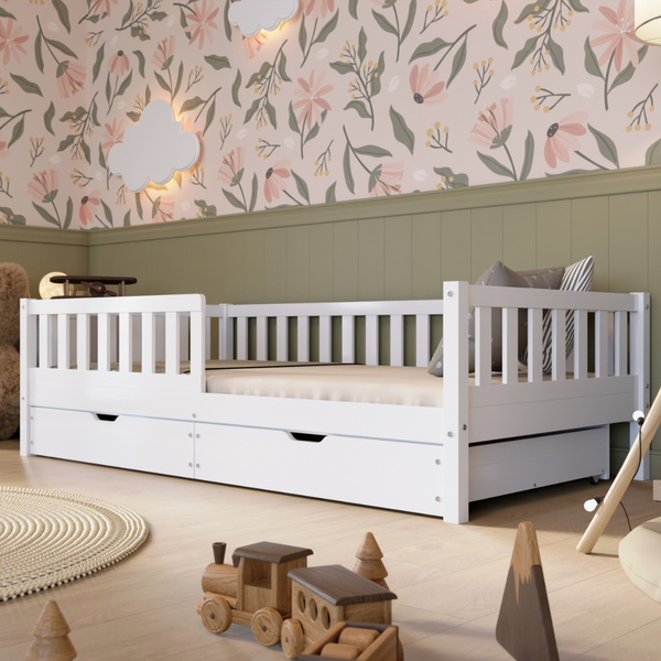 Crazy Pine 'Crazy Basic' Kinderbett mit Rausfallschutz, Skandinavisches Design, Holz, Weiß, 100x200 cm, mit Schublade