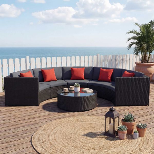 Poly-Rattan Garnitur rund HWC-E17, Garten-Set Sitzgruppe ~ schwarz, Polster dunkelgrau, Kissen terracotta