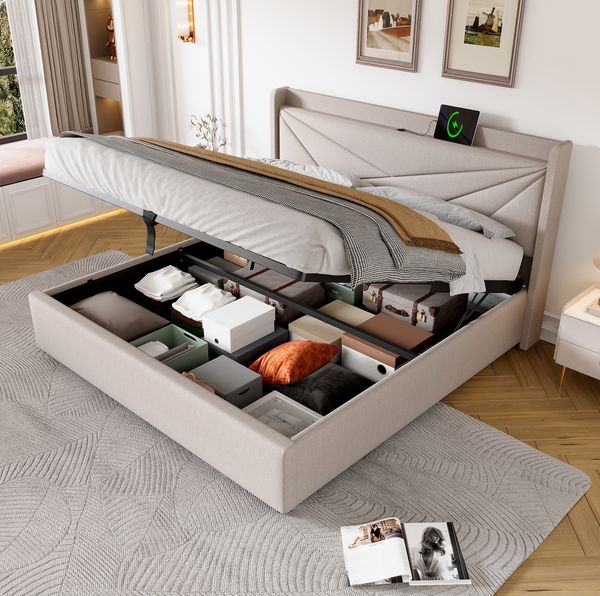Polsterbett 140x200 cm mit Bettkasten und USB/Typ-C – Doppelbett in Beige mit Lattenrost