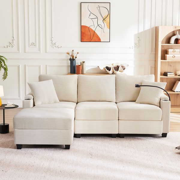 Ecksofa, L-förmiges umwandelbares 3-Sitzer-Sofa mit Fußhocker, Getränkehalter, USB-Ladegerät, Armlehnenablage und 2 Kissen, Stoff, Beige