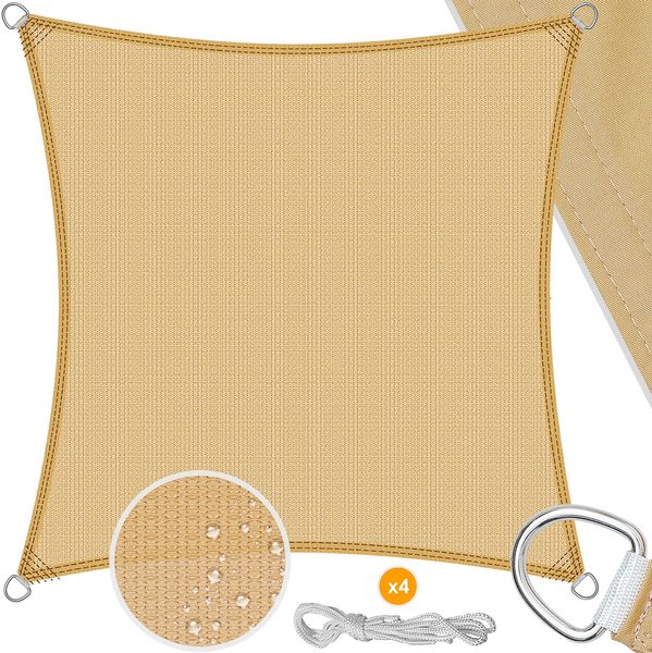 KESSER® Sonnensegel Sonnenschutz Windschutz | HDPE Gewebe | wasserabweisend & windabweisend | 5-Fach quer vernäht robust & stabil Schattenspender Garten Balkon Terrasse Quadrat, Sand, 2x2m