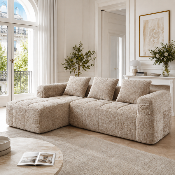 Modernes Sektionssofa, L-Sofa, 3-Sitzer-Sofa, keine Installation erforderlich, Chenille-Sofa mit Chaiselongue und Armlehnen, 3 Kissen, Seitentasche für Fernbedienung, Khaki