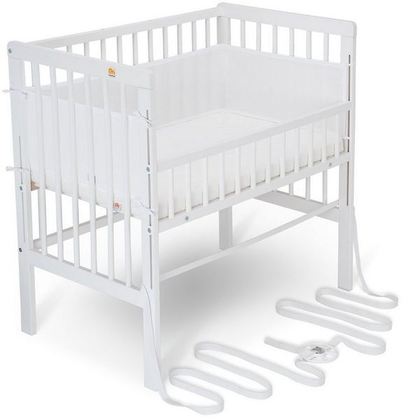 FabiMax Baby Beistellbett für Boxspringbett, TÜV geprüft 2022, inkl. Matratze und Nestchen aus Netzstoff, Buche massiv weiß, Comfort/weiß