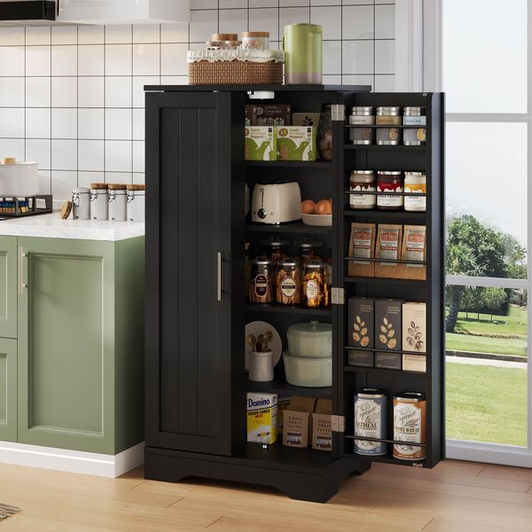 Küchenschrank, LED-Sensorlicht, großer 2-türiger Aufbewahrungsschrank mit verstellbaren Regalböden & Türablagen – geeignet für Küche, Esszimmer oder Wohnzimmer, schwarz, 120 x 60 x 40 cm