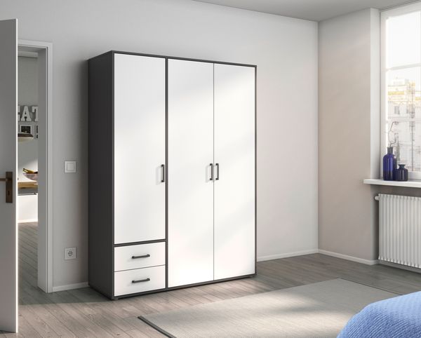 rauch Kleiderschrank; Drehtürenschrank VOYAGER, 3-türig, 2 Schubkästen, Alpinweiß/Graumetallic, 140x194x53xcm