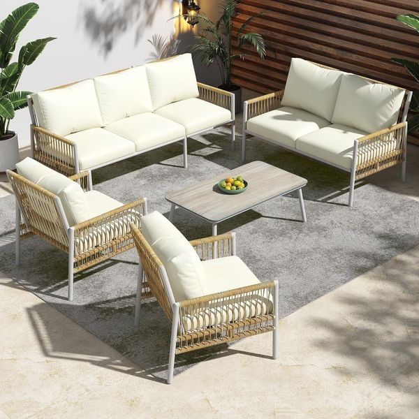 Gartenmöbel Sitzgruppe Rattan Lounge Sofa Couchtisch Outdoor Set Beige