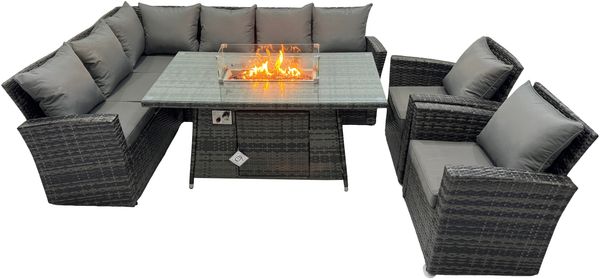Fimous Polyrattan Sitzgruppe für 8 Personen, Balkon Möbel Gas Feuertisch Gasheizung Burner 2 Sessel