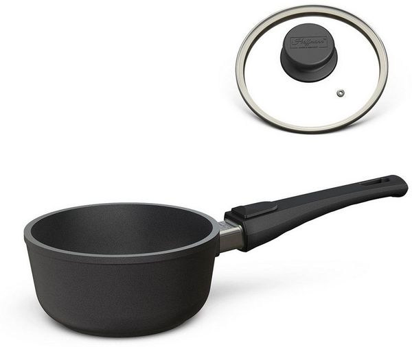 Hoffmann Germany Kasserolle Stieltopf Aluguss Antihaft Ø 16 cm mit Glasdeckel – Made in Germany, Aluguss (Set, 2-tlg, 1x Kasserolle Ø 16 cm + 1x Glasdeckel), abnehmbarer Griff, Antihaft, backofenfest bis 250°C, Induktion