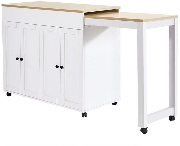 KLAM HOME Bartisch Moderner ausziehbarer Bartisch mit Stauraum(118-180×50×94cm) (Ausziehbarer Esstisch mit sechs AblageflächenStehtisch Bistrotisch), für Esszimmer,Verwendung als Wohnzimmertrennwand,Weiß