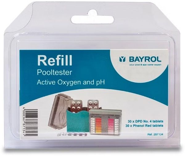 BAYROL Tabletten Nachfüllpackung für manuellen Pooltester pH/O2 - 2x30 Tabletten Phenol Red & DPD No. 4 - pH-Wert & Aktivsauerstoff, 8.1 x 22.1 x 2.2 cm