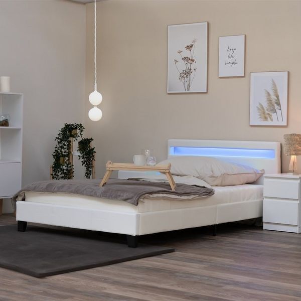 HOME DELUXE Bett ASTRO - 90/140 (inklusive Lattenrost), großes gepolstertes Kopfteil, LED Bett, Jugendbett