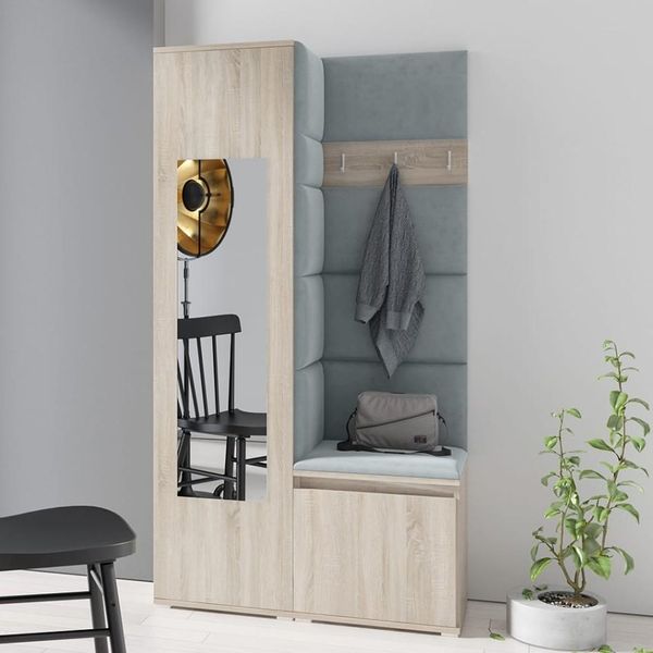 Garderoben-Set Iga, Moderner Kleiderschrank mit Polsterplatten und Schuhschrank – Ideal für Flur und Eingangsbereich (Sonoma Eiche, Trinity 14), 185 x 40 x 95 cm