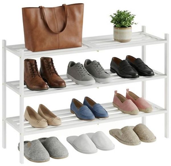SONGMICS Bambus Schuhständer, stapelbares Schuhregal 3 Ebenen, platzsparend für Flur, Schlafzimmer, Wohnzimmer, weiß