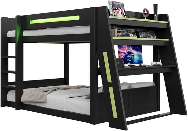 140x200 cm großes Gaming-Etagenbett aus Holz mit Schreibtisch, zwei Ablagefächern, USB-Anschluss und LED-Beleuchtung, Schwarz+Grün