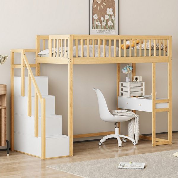 Flieks Hochbett Massivholz Kinderbett 90x200cm mit Tisch und Stauraumtreppe