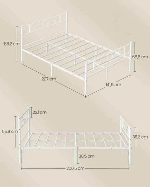 VASAGLE Bett 140 x 200 cm, Gästebett, Doppelbett aus Metall, Bettgestell, Bettrahmen, Metallbett, einfache Montage, mattweiß Bild 5
