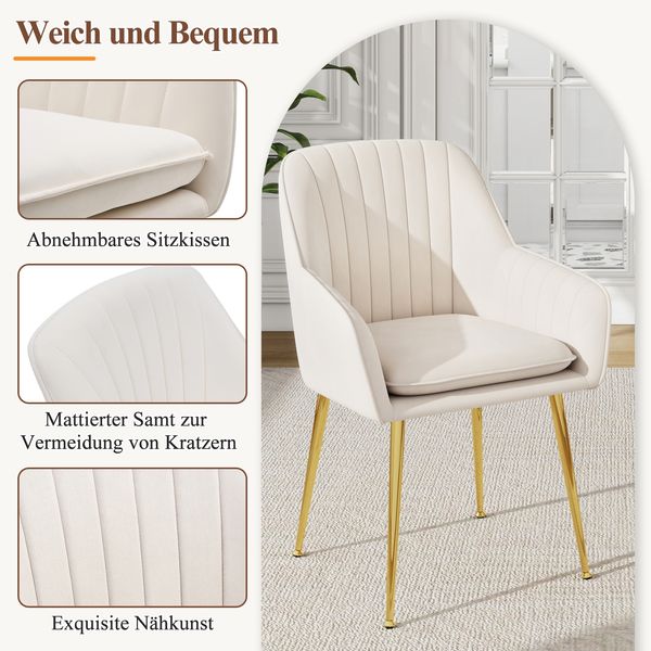 Merax 2er-set Samt-Esszimmerstuhl mit Steppdesign und Galvanisieren der Beine für Esszimmer und Küche (Beige) Bild 5