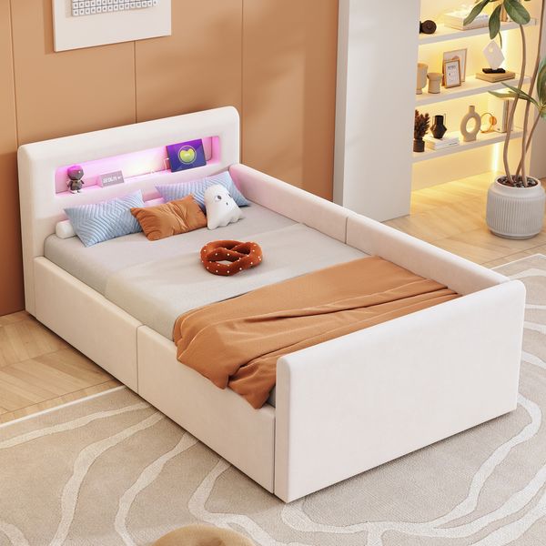 Kinderbett, Samt mit LED, USB-Anschluss & Stauraum, 90x200 cm, Beige, ohne Matratze