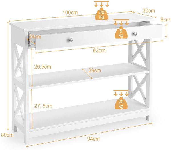 Konsolentisch 3-Stufiger Aufbewahrungsregal mit 1 Schublade und 2 Ablageflächen 100 x 30 x 80 cm Weiß