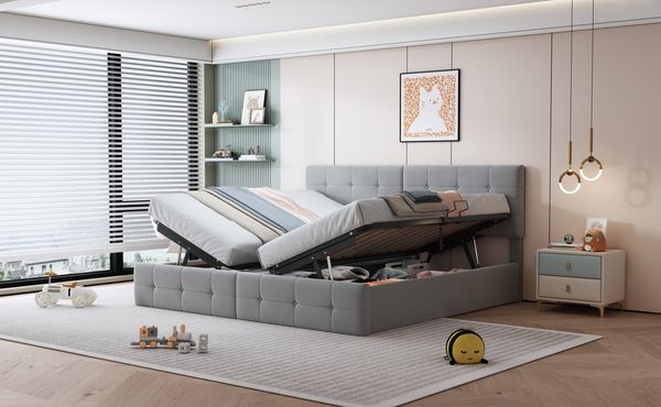 Polsterbett 180x200 cm mit Stauraum aus Samt – hydraulisches 2-in-1-Bett, höhenverstellbares Kopfteil