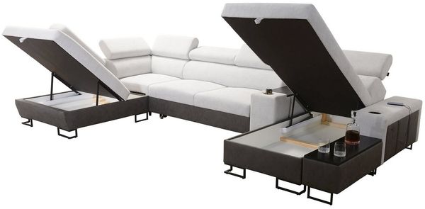Möbel für Dich Wohnlandschaft in U-Form Melody V, mit Ablagetisch, Barfach, USB, Becherhalter, Bettfunktion, Bettkasten Bild 4