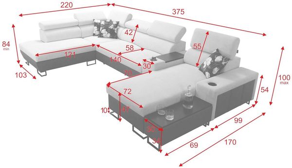 Möbel für Dich Wohnlandschaft in U-Form Melody V, mit Ablagetisch, Barfach, USB, Becherhalter, Bettfunktion, Bettkasten Bild 3