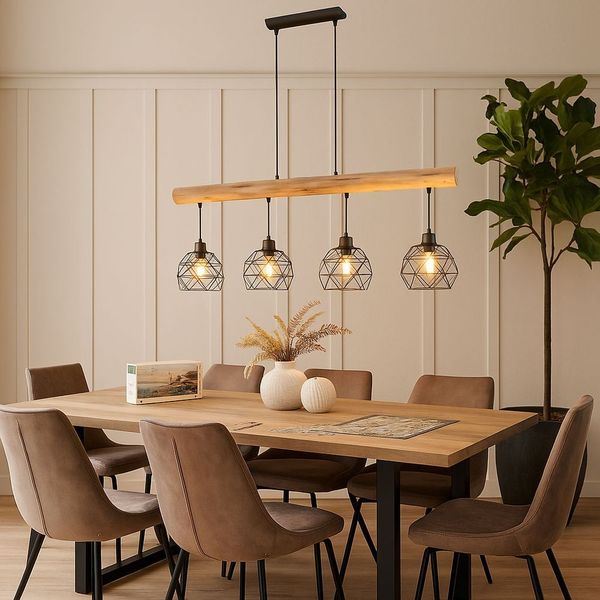 LED Hängeleuchte, Holz, Gitter Design, L 85 cm
