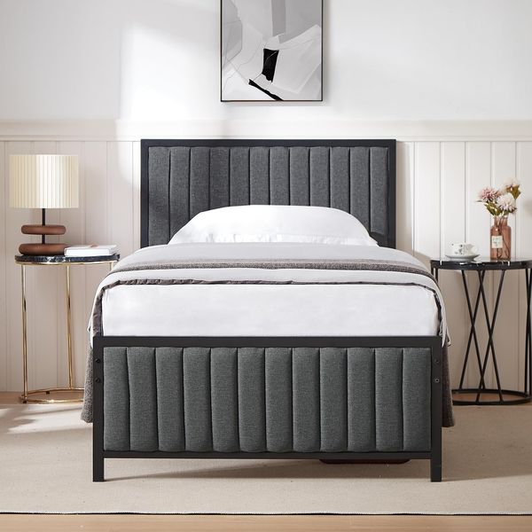 VECELO Bettgestell 90x200 cm, Einzelbett mit gepolstertem Kopf- und Fußteil, Bettrahmen mit Lattenrost und 32 cm Stauraum unter dem Bett,Kein Boxspring nötig, Grau