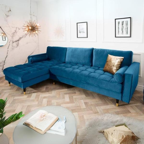 Ecksofa 260cm Ottomane beidseitig COMFORT blau Samt Federkern Design Elegant Lounge