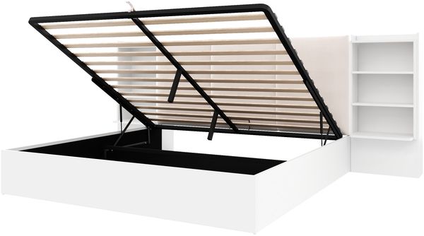 Merax Holzbett mit gepolstertem Kopfteil, Hydraulisches Stauraumbett 180x200 cm mit Staufächern, LED-Lichtleiste, Weiß Bild 7