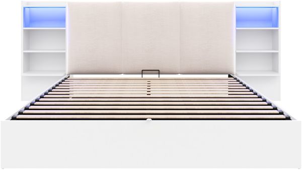 Merax Holzbett mit gepolstertem Kopfteil, Hydraulisches Stauraumbett 180x200 cm mit Staufächern, LED-Lichtleiste, Weiß Bild 6