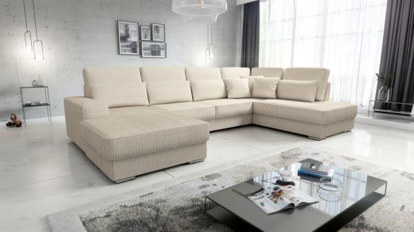 Wohnlandschaft Sofa U-Form NEVIO Stoff Scala Creme Ottomane Links