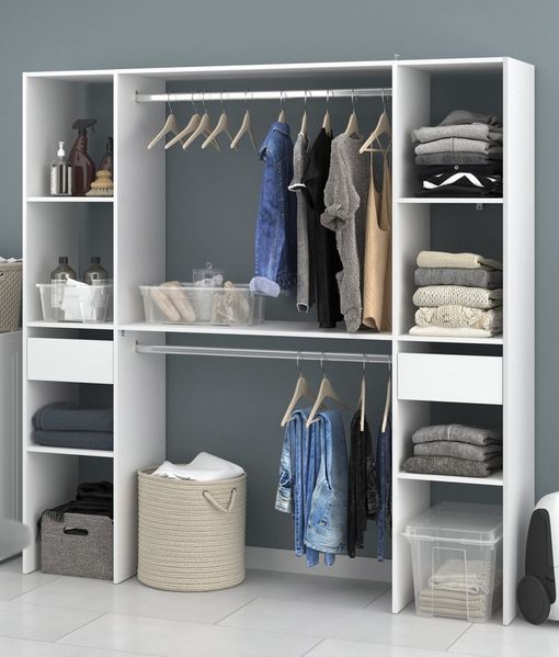 Parisot Combi 3 – Kleiderschrank 176 cm Weiß mit Vorhang, 2 Schubladen & 2 Kleiderstangen