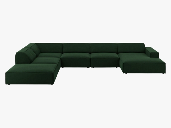 Micadoni 7-Sitzer Samtstoff Panorama Ecke links Sofa Jodie | Beinfarbe Black Plastic, Flaschengrün