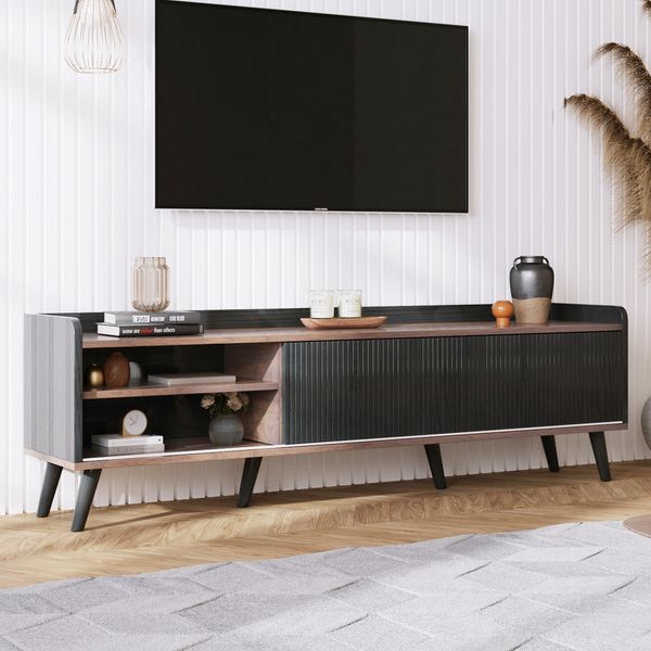 TV-Lowboard aus Spanplatte mit Schiebetüren & 2 Schubladen, 160x40x58 cm, Schwarz