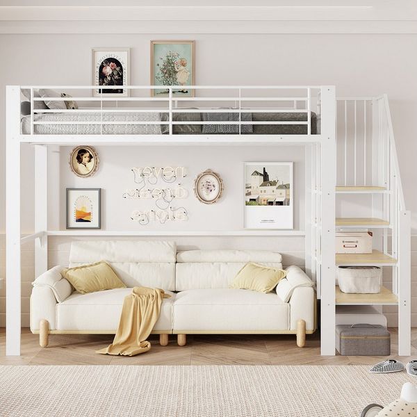 Merax Hochbett (1-St, Jugendbett Einzelbett) Metallbett Eisenbett Kinderbett 90x200cm mit Treppe & großem Stauraum