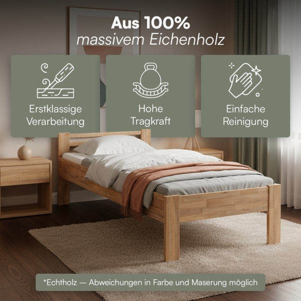 skølm 'Fenrir' Bett 90x200 cm, natur geölt, Massivholz Eiche, Seniorenbett mit Komforthöhe 51 cm, Massivholzbett geeignet ein Einzelbett Bild 3