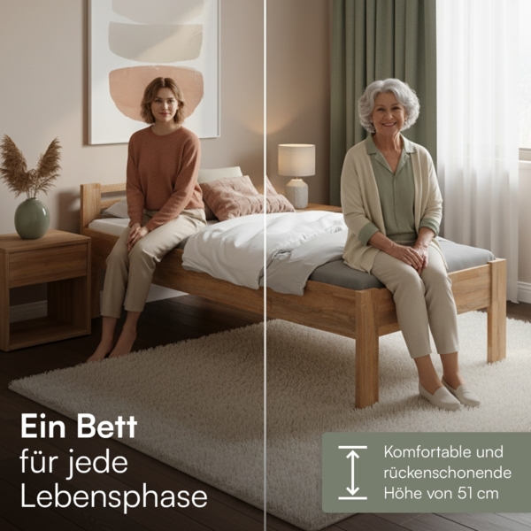 skølm 'Fenrir' Bett 90x200 cm, natur geölt, Massivholz Eiche, Seniorenbett mit Komforthöhe 51 cm, Massivholzbett geeignet ein Einzelbett Bild 4