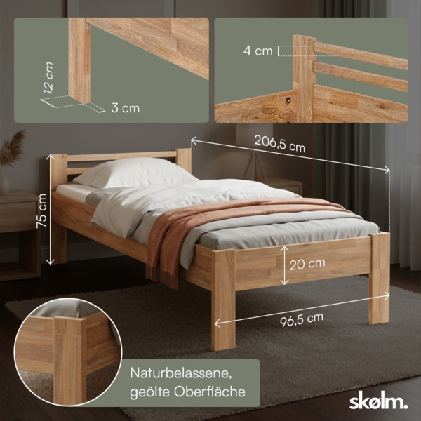 skølm 'Fenrir' Bett 90x200 cm, natur geölt, Massivholz Eiche, Seniorenbett mit Komforthöhe 51 cm, Massivholzbett geeignet ein Einzelbett Bild 6