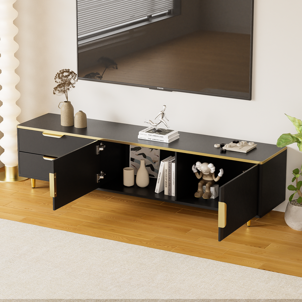 TV-Lowboard 175 x 40 x 45 cm aus Spanplatte in Schwarz mit Golddetails, 2 Schubladen & 2 Türen