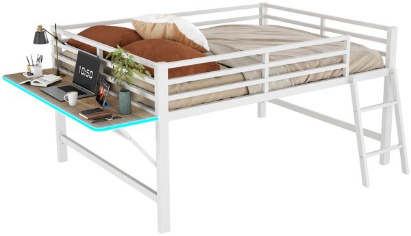 Hochbett mit Schreibtisch und LED-Beleuchtung, 140x200 cm, Kinderbett mit Rausfallschutz und Leiter, Metallbett, Jugendbett, Einzelbett