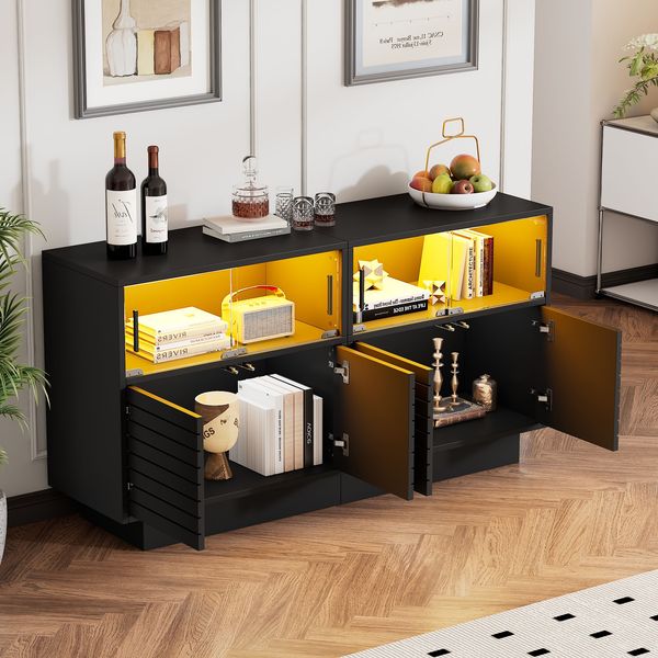 LED Glas Seitenschrank 130×35×68 cm, Schwarz, 3-stufig mit Schiebeglas, Doppeltüren, großer Stauraum