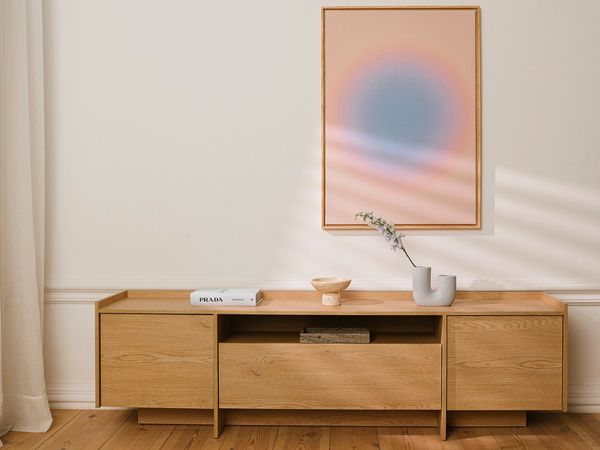 Beautysofa TV-Schrank JUNI 197 cm Japandi TV-Board mit 3 Türen (Push-to-Open, Offenes Fach, Sideboard Modern für Wohnzimmer) Eiche Cremona & Baltic Storm