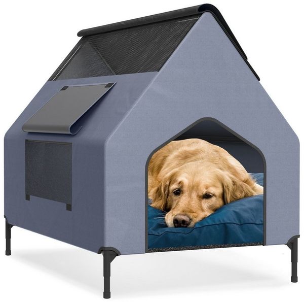 FIVMEN Hundebett mit Baldachin Hundeliege Hundehütte im Hausform, Oxford-Material Stahlrahmen Hundekäfig S/M/L