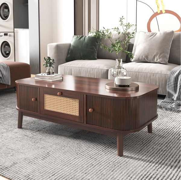 REDOM Couchtisch Eleganter Rattan-Couchtisch mit Massivholz-Türen und Stauraum (Walnuss & Massivholz, 110x55 cm), Handgefertigte Massivholztüren