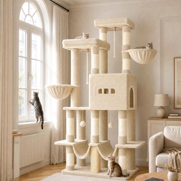 Kratzbaum, 176 cm Großer Katzenbaum, 2 Plattformen, 2 Große Höhlen, 9 Sisal-Kratzstämme, 2 Hängematten, Katzenkorb, Pompons, Geeignet für Maine Coon Katzen, Beige