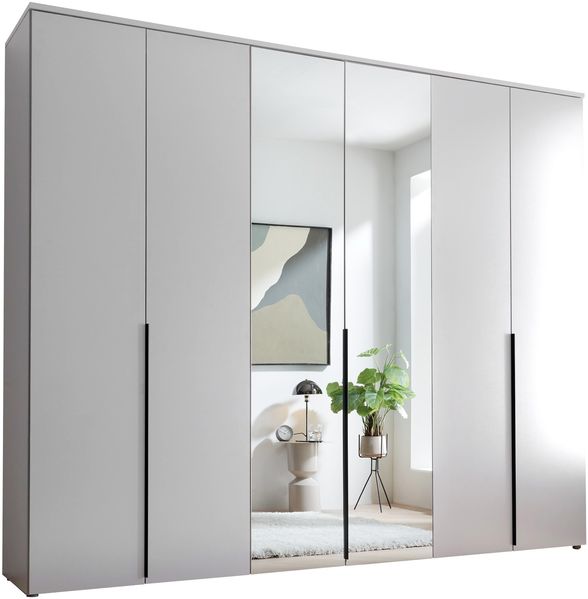 Drehtürenschrank >Kevo< 3 Böden, 3 Stangen, Weiß / Spiegel - 270x225x52cm (BxHxT)