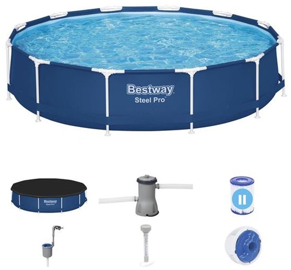 Bestway Steel Pro Pool #14483 | Ø 366 x 84 cm | 7.480 Liter | Komplett-Set mit Filterpumpe, Filterkartusche, Abdeckplane, Poolthermometer & Einhängeskimmer